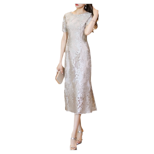 香槟色改良式旗袍连衣裙夏季2025新款高级感镂空蕾丝提花显瘦裙子