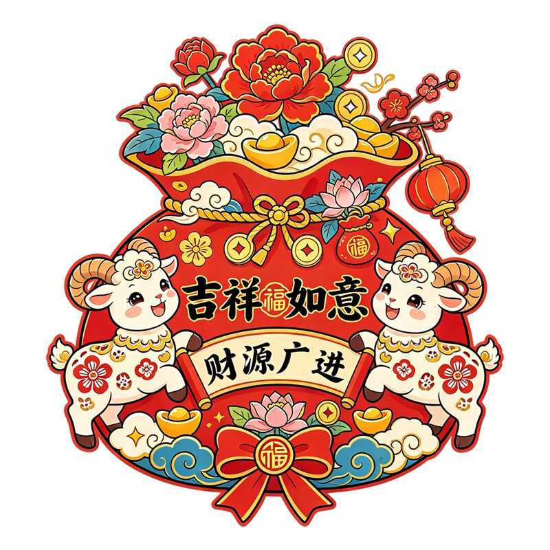 卡通双羊福袋墙贴贴纸吉祥如意财源广进新年红色防水自粘装饰贴纸
