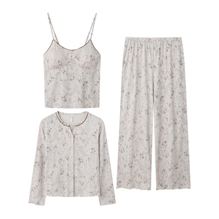 达尔丽莱赛尔棉带胸垫睡衣女春秋长袖三件套吊带新款花卉家居服薄