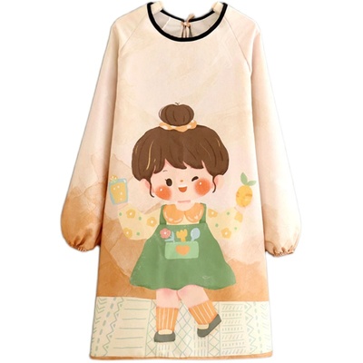 厨房长袖透气耐磨可爱画画防污围腰女大人家用工作上班帆布罩衣