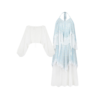 安妮不火 度假风碎花蕾丝花边拼接雪纺裙女微胖大码温柔系两件套