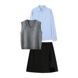 韩系学院风一整套女春季大码灰色针织马甲背心叠穿条纹衬衫三件套