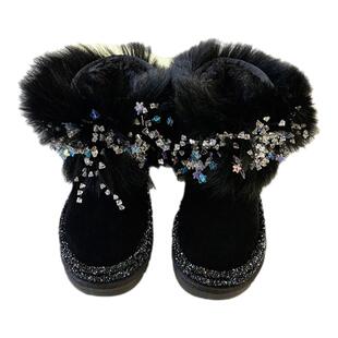 欧洲站重工时尚皮草高级感水钻狐狸毛短筒真牛皮雪地靴防滑保暖女