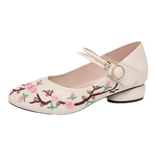 秋季款软牛皮浅口刺绣旗袍汉服鞋民族风方跟圆头绣花鞋中高跟女鞋
