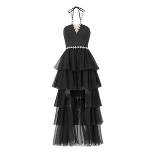 Misi.Camii挂脖钻链网纱抹胸礼服裙气质性感轻奢宴会黑色长裙名媛