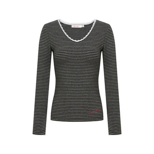 Liilou 26ss Geek chic 撞色条纹 绒感蕾丝拼接修身V领长袖打底衫