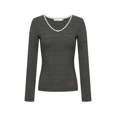 绒感蕾丝拼接修身V领长袖打底衫