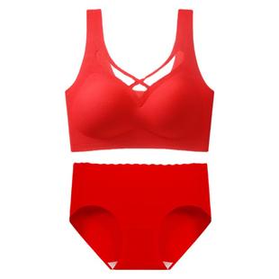 红色本命年背心式内衣套装女小胸聚拢胸罩无钢圈结婚新娘文胸薄款