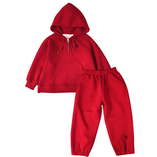 2026春秋新款亲子装一家三口酒红色运动套装母女母子时尚连帽卫衣