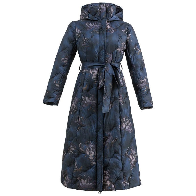羽绒服女款2025新品高端奢华印花白鸭绒加厚保暖中长款连帽外套女