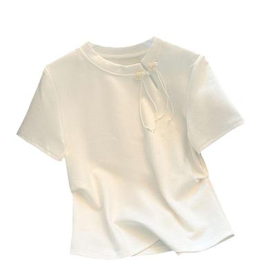 新中式国风白色套头上衣2024夏季新款短袖T恤女复古显瘦正肩半袖