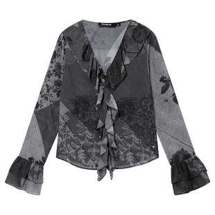Desigual玫瑰仿牛仔印花荷叶边V领长袖女士衬衫