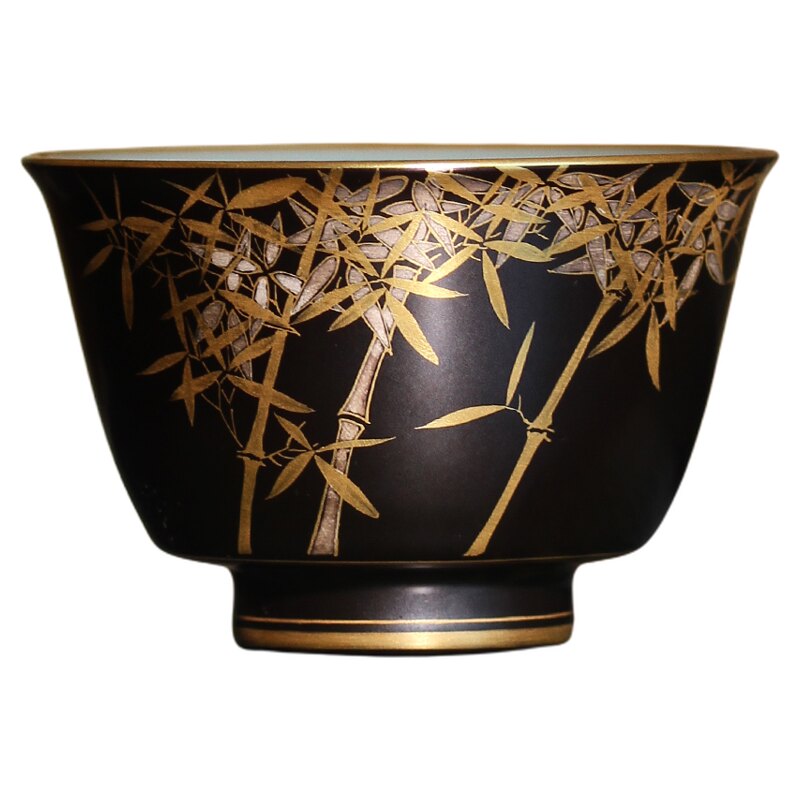 自慢堂手绘无光黑描金竹子大松风杯主人茶杯复古中式陶瓷功夫茶具