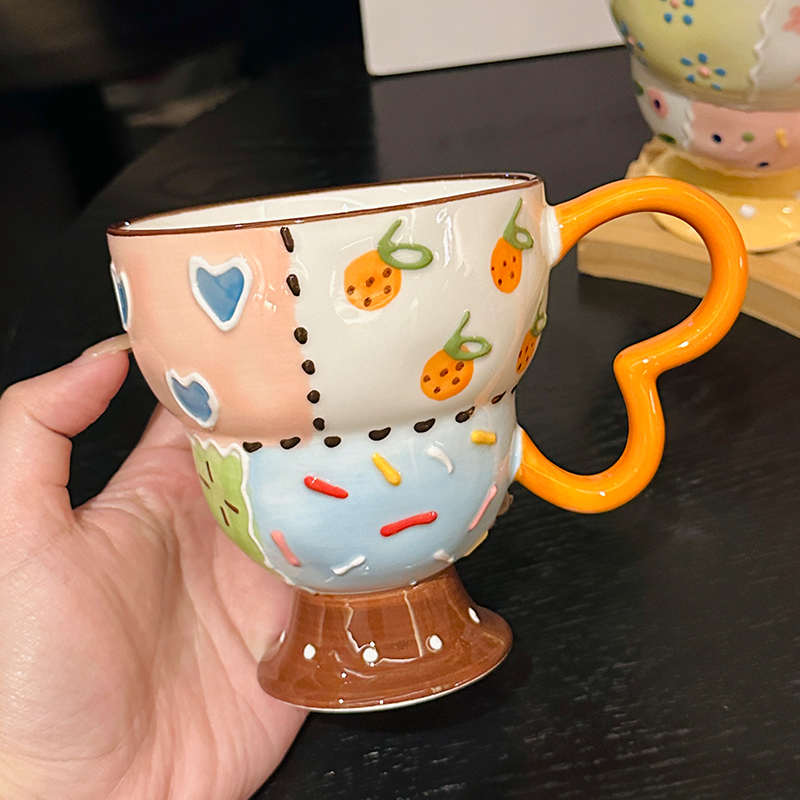 高颜值高脚杯子釉下彩陶瓷水杯可爱女生精致咖啡杯家用宽口早餐杯