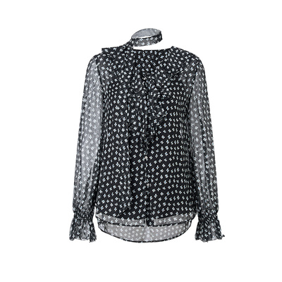 轻盈荷叶边印花衬衫上衣