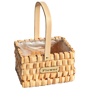 七夕节鲜花篮送女友手提花篮木编田园插花手工花束编织篮花篮批发