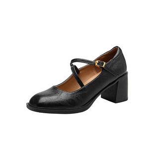 春季新款玛丽珍高跟鞋女粗跟职业通勤舒适方头小皮鞋交叉带单鞋子