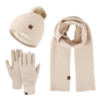 纯色羊毛保暖帽子围巾手套三件套套装防寒毛球加绒针学生毛线围脖