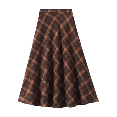 秋冬加厚毛呢格子半身裙女大码胖mm遮肚子遮胯显瘦a字伞裙中长裙