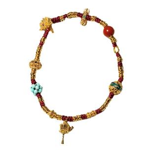 五台山藏风手编绳南红珠绿松石多宝镀金女款手串手工编织红绳手链