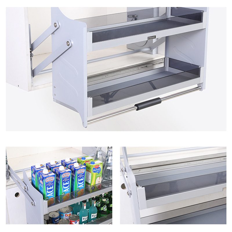 高美佳厨房调味料收纳置物架太空铝钢化玻璃下拉式高柜升降拉篮