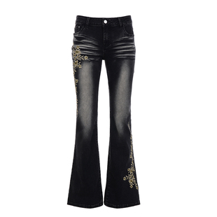WEEKEEP 美式复古花卉刺绣水洗低腰牛仔裤辣妹修身微喇显瘦长裤