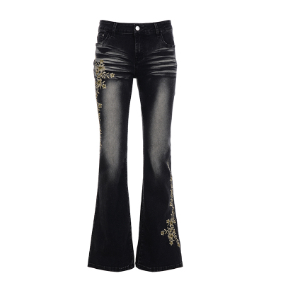 WEEKEEP 美式复古花卉刺绣水洗低腰牛仔裤辣妹修身微喇显瘦长裤