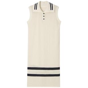 ToyzY2024夏季新款米色polo领镂空针织无袖连衣裙/罩衫长款