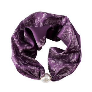 国风印花珍珠磁吸扣项链三角小丝巾女春夏季薄款装饰长条领巾百搭