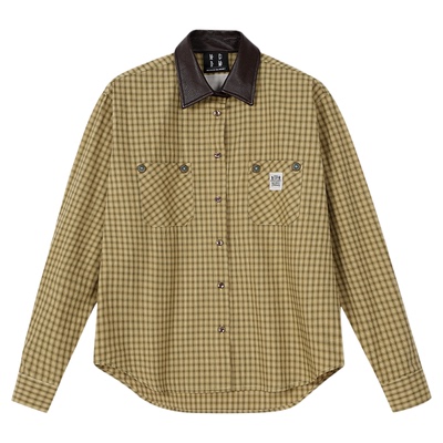 MEDMpu领子格子古铜扣子休闲衬衫