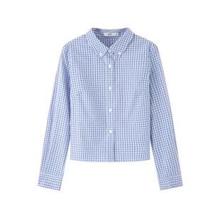 三福格子短款衬衫2026新款春季小个子简约翻领休闲上衣女装516801