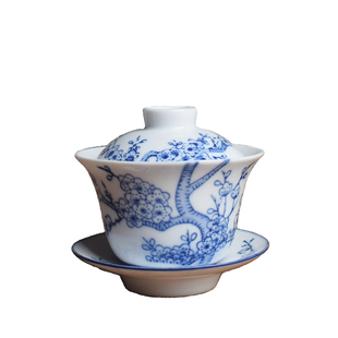 90年代枫溪瓷厂库存老货 青花功夫茶具 手绘梅花盖碗三才碗茶备