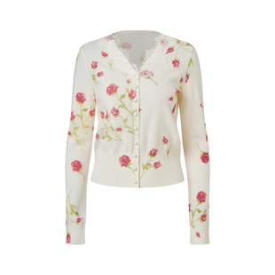 MAXRIENY复古柔焦花卉风穿搭2026年春季毛衣v领羊毛针织衫开衫女