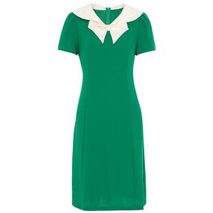马天奴女装夏季新款绿色翻领短袖连衣裙收腰修身中长裙气质礼裙