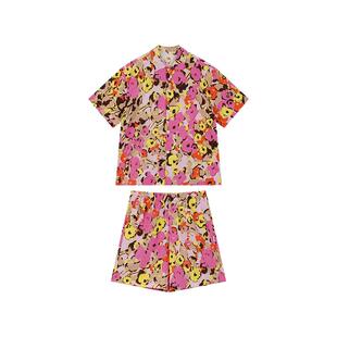 JNBYHOME江南布衣新品印花睡衣套装女短袖短裤翻领家居服套装