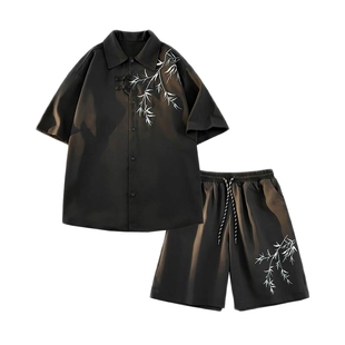 一套新中式国风短袖衬衫套装男生2025夏季薄款冰丝帅气衬衣外套T