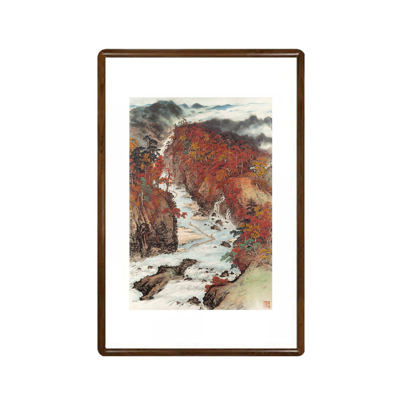 关山月秋溪放筏山水实木框画