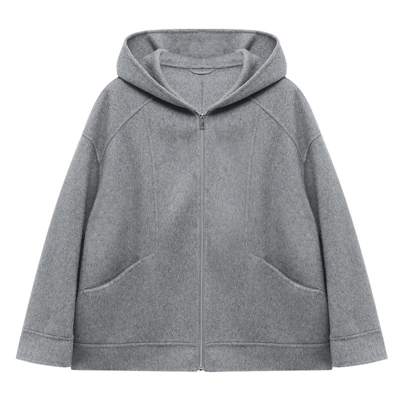 Basic House/百家好灰色羊毛短款双面呢大衣秋冬新款连帽毛呢外套