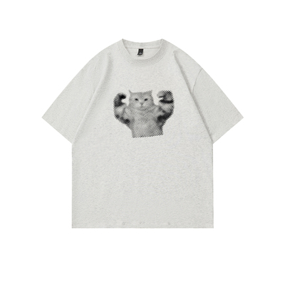 纯棉肌肉猫咪健身印花短袖T恤