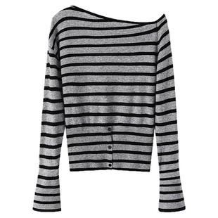 夕蒙2026春秋季韩系高级小众上衣时尚洋气小个子露肩条纹针织衫女