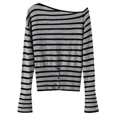 夕蒙2026春秋季韩系高级小众上衣时尚洋气小个子露肩条纹针织衫女