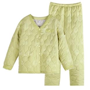 轩靓睡衣女士冬季加绒三层加厚保暖夹棉绸缎妈妈高级感家居服套装