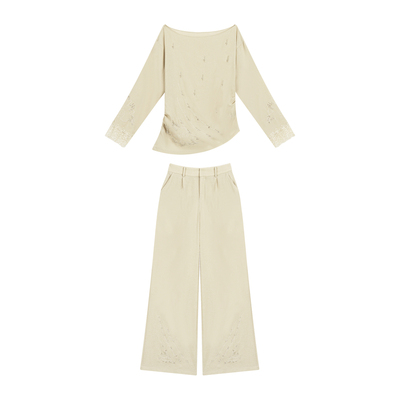 春季斜肩绣花钉珠上衣直筒裤套装