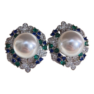 【富贵花】蓝宝石闪锆14mm冷光澳白珍珠耳钉珠宝感高端优雅耳饰女