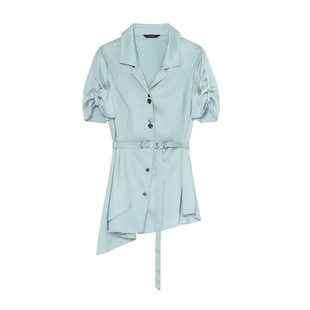 莱芙艾迪儿夏季新款衬衫上衣不规则下摆两粒扣设计通勤OL女装衬衣