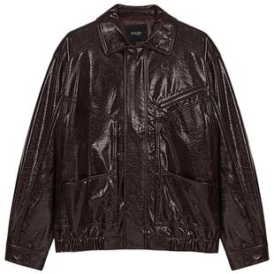 季末7折Maje2025秋冬新款女装迪木尔风法式深棕色翻领皮衣外套