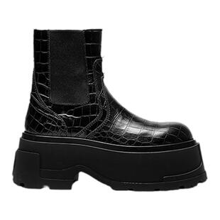 BLOCCO5春季女鞋CHUNKY厚底切尔西女靴子增高短筒鳄鱼纹点缀原创