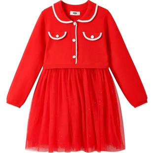 安奈儿童装女童长袖连衣裙冬小香风假两件红色甜美保暖裙子
