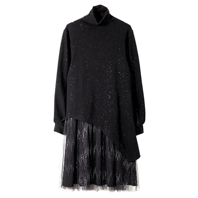 宝诗黎网纱亮丝拼接连衣裙