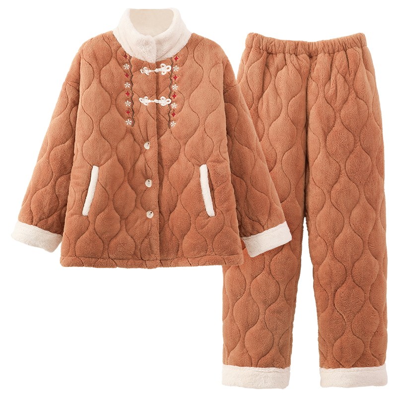 雅鹿夹棉睡衣女款冬季三层加厚保暖立领防寒加绒家居服套装可外穿